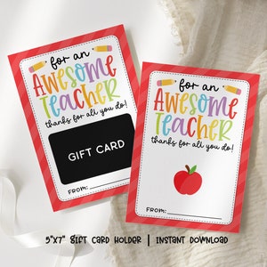 Teacher Gift Card Holder, Thank You Teacher Appreciation Gift Card Holder, Awesome Teacher Giftcard Holder, Teacher Card Holder Printable