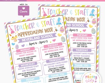 Editable Eater Teacher and Staff Appreciation Week Itinerary Flyer Template, April Theme School PTO PTA Event Flyer Printable Design