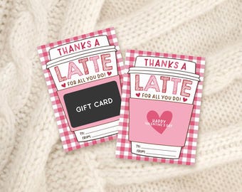 Thanks A Latte Gift Card Holder Printable, Coffee Valentine Gift for Staff, Teacher Appreciation