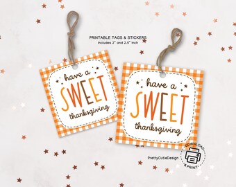 Thanksgiving Gift Tags Printable, Sweet Favor Stickers, Orange Gingham Treat Labels (PDF Downlad)