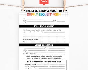 PTA/PTO Supply Request Form Template, Editable Canva School Purchase Sheet, Treasurer Approval Document