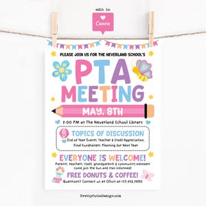 Spring PTA PTO Meeting Flyer Printable, Editable May Parent Teacher Meeting Sign, End of Year Event Poster, Canva Template for School