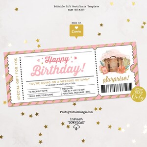 Cadeaubon weekendje weg bewerkbare sjabloon, verrassingskaartje verjaardag, reisonthulling cadeaubon afdrukbaar, sjabloon verjaardagscoupon