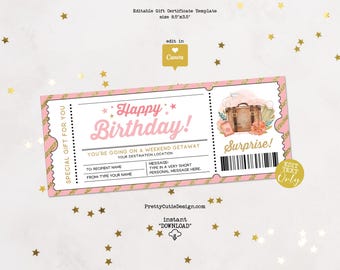 Weekend Getaway Gift Certificate Editable Template, Birthday Surprise Ticket, Trip Reveal Gift Voucher Printable, Birthday Coupon Template