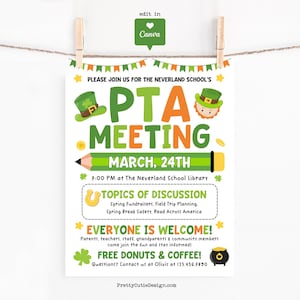 Spring PTA PTO Meeting Flyer Printable, Editable March Parent Teacher Meeting Sign, St. Patrick’s Day Fundraiser Planning Poster Template