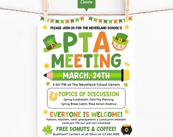 Spring PTA PTO Meeting Flyer Printable, Editable March Parent Teacher Meeting Sign, St. Patrick’s Day Fundraiser Planning Poster Template