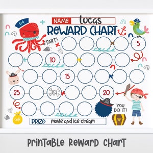May include: A printable reward chart with a pirate theme. The chart features an octopus, a parrot, a pirate, and a treasure chest. The chart has 25 circles for marking progress. The text on the chart reads "Lucas Reward Chart", "Start", "You Did It!" and "Prize: movie and ice cream".