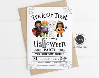 Halloween Party Invitation Printable, Editable Canva Template, Trick or Treat Kids Costume Invite, Instant Download Halloween Event Card