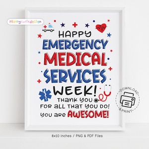 EMS Week Printable Sign, sztuka ścienna z podziękowaniami dla służb ratownictwa medycznego, plakat z podziękowaniami dla EMT, czerwony niebieski natychmiastowy do pobrania