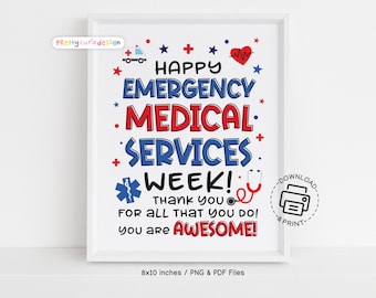 EMS Week Printable Sign, Emergency Medical Services Appreciation Wall Art, EMT Thank You Poster, Red Blue Instant Download Decor