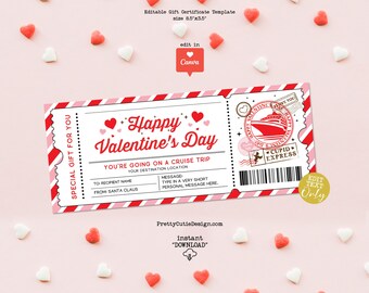Valentine's Day Cruise Gift Certificate Template, Surprise Weekend Getaway Ticket, Digital Download Valentine's Day Trip Reveal Coupon