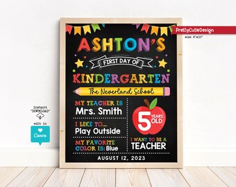 First Day of School Sign, Editable and Reusable Back to School Sign Template, Colors of The Rainbow First Day of Kindergarten Chalkboard