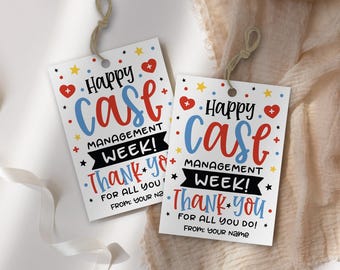 Case Management Week Thank You Gift Tags, Printable Red Blue Typography, Medical Hearts on White Background, Rectangular Format