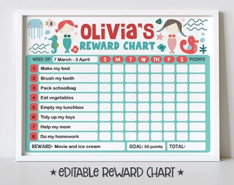 Mermaid Reward Chart for Kids, Simple Kids Editable Reward Chart - Digital Template INSTANT DOWNLOAD