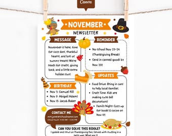 November Classroom Newsletter Template, Editable Monthly School Newsletter, Parent Communication Printable, Thanksgiving Classroom Flyer