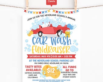Car Wash Fundraiser Flyer Printable, Editable School Fundraising Event Sign Canva Template, Red Car Bubble Theme, School Donation Poster