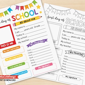 First Day of School Printable Worksheet for Kids, All About Me Activity Page, Back to School Keepsake, Editable PDF in Color and Black White