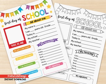 First Day of School Printable Worksheet for Kids, All About Me Activity Page, Back to School Keepsake, Editable PDF in Color and Black White