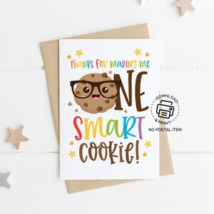 Une carte de remerciement pour les enseignants avec un cookie intelligent, une note de remerciement mignonne à imprimer pour la semaine des enseignants, un cadeau à téléchargement immédiat pour les enseignants