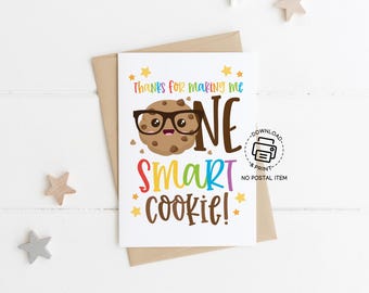 One Smart Cookie Teacher Appreciation Card Printable, Cute Thank You Note for Teacher Week, Instant Download Gift for Teachers