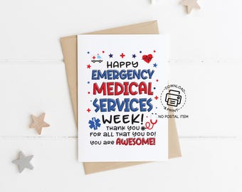Happy EMS Week Greeting Card Printable, Emergency Medical Services Appreciation Note, Thank You Card for Paramedics and First Responders