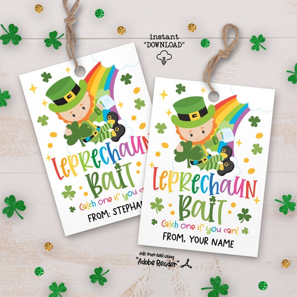 St Patricks Day Leprechaun Bait Tags, Saint Patrick's Day Classroom Treat Leprechaun Printable Gift Tags, Kids St Patricks Candy Gift Tag