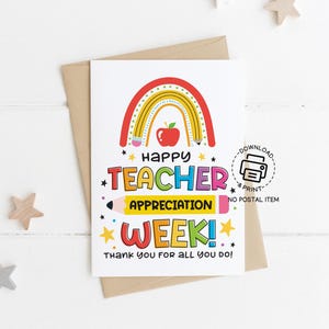 Carte arc-en-ciel de la semaine d'appréciation des enseignants, carte de remerciement imprimable pour les enseignants, jolie conception pomme et crayon, cadeau en téléchargement immédiat