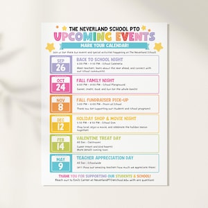 Op de afbeelding: Een kleurrijke flyer voor schoolevenementen met de titel THE NEVERLAND SCHOOL PTO UPCOMING EVENTS. Het bevat data van 26 september tot 9 mei, waaronder Back to School Night, Fall Family Night, Fall Fundraiser, Holiday Shop, Valentine Treat Day en Teacher Appreciation Day.