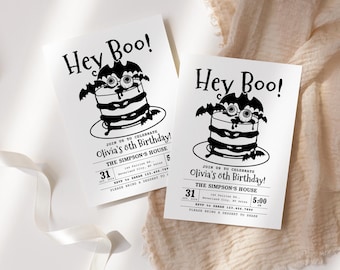 Halloween Birthday Invitation Printable, Editable Hey Boo Bat Cake Party Invite, Spooky Kids Birthday Invite Template Instant Download Canva