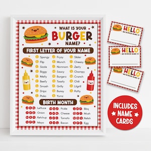 Burger Name Game Printable, Funny Name Tag Activity for Kids Birthday or BBQ Party, Printable Name Cards, Instant Download PDF