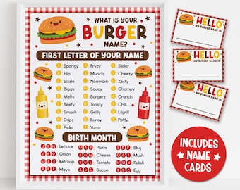Burger Name Game Printable, Funny Name Tag Activity for Kids Birthday or BBQ Party, Printable Name Cards, Instant Download PDF