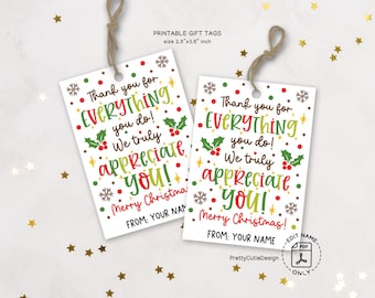 Christmas Appreciation Gift Tags, Holiday Printable Tags (PDF)