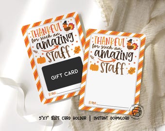 Thanksgiving Gift Card Holder Printable: Thankful Card for Staff Appreciation, Office Team Party Favor
