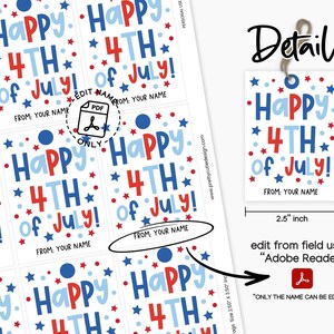 Hand holding printable gift tag with “Happy 4th of July!” message in festive red and blue, designed for DIY party favors and gift bags