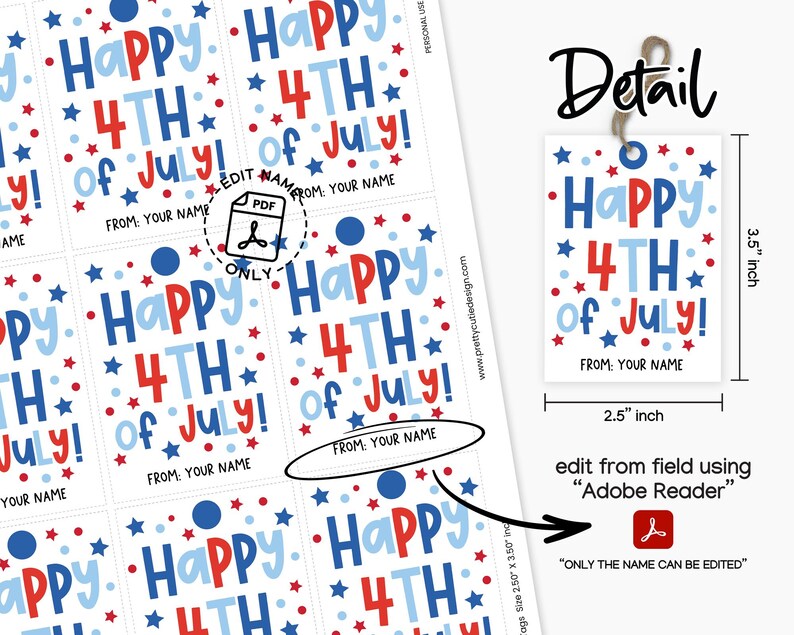 Hand holding printable gift tag with “Happy 4th of July!” message in festive red and blue, designed for DIY party favors and gift bags