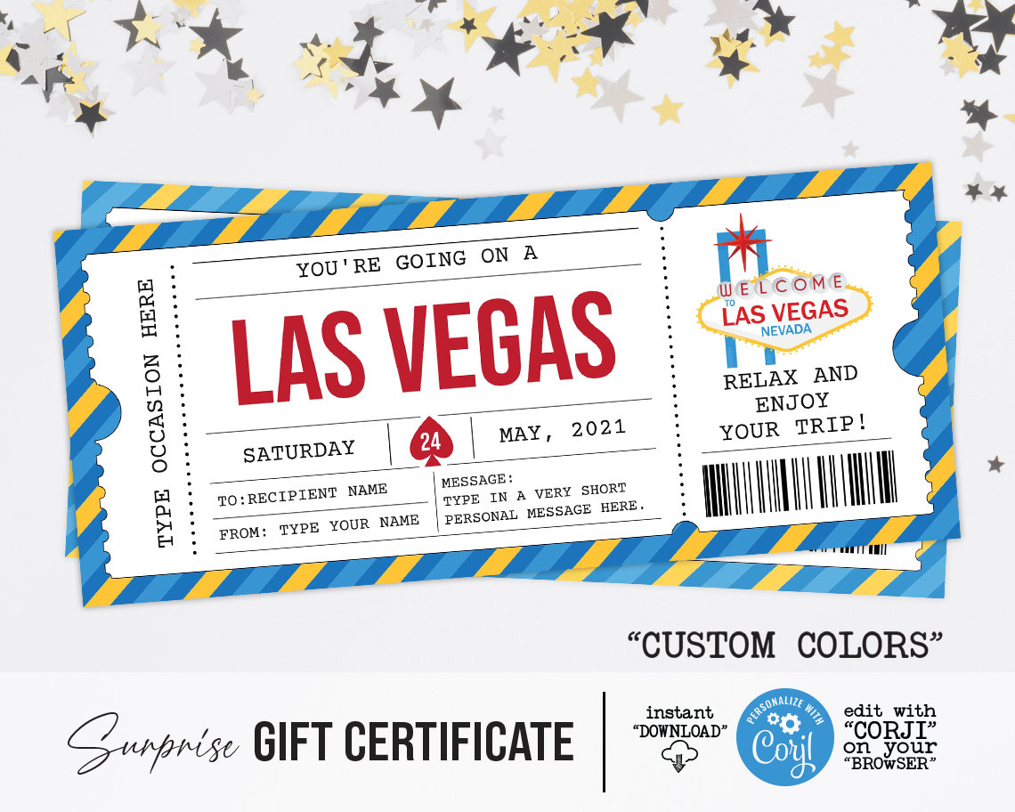 Las Vegas Ticket Template Gift Voucher Certificate Holiday Etsy