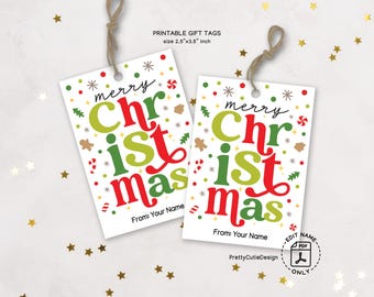 Merry Christmas Gift Tags, Modern Holiday Printable, Festive Xmas Favor, Cheerful Kids Party
