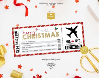 Christmas Surprise Vacation Airplane Ticket, Editable Holiday Trip Ticket Template, Christmas Fake Plane Ticket, Travel Ticket Surprise Trip