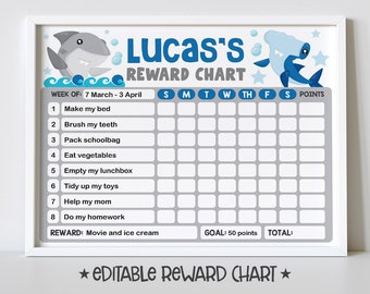 Shark Reward Chart for Kids, Simple Kids Editable Reward Chart - Digital Template INSTANT DOWNLOAD
