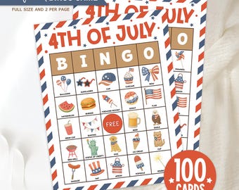 4th of July Bingo Game Printable, 100 Patriotic Bingo Cards for Kids and Adults, Independence Day Party Activity, USA Red White Blue Game