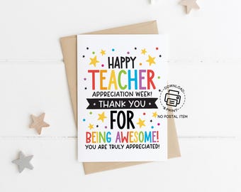 Teacher Appreciation Week Card Printable, Thank You for Being Awesome, Colorful Instant Download Greeting Card for Teachers and School Staff