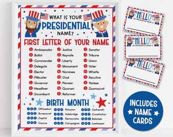 Presidential Name Game Printable, 4th of July Party Activity for Kids Adults, Patriotic Name Tag Cards, Red White Blue Instant Download