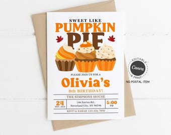 Pumpkin Pie Birthday Invitation Template: Fall Cupcake Party Invite, Editable Autumn Birthday for Kids