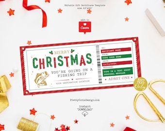 Editable Christmas Fishing Trip Surprise Gift Ticket Voucher, Fishing Reveal Gift Ticket Coupon, Printable Holiday Gift Certificate Template