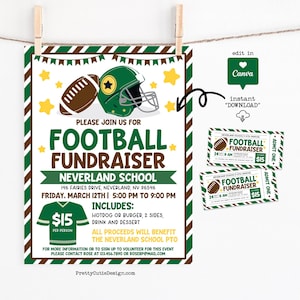 May include: A football fundraiser flyer with a green and brown color scheme. The flyer includes a football, helmet, and star graphics. Text includes event details, date, time, and the price per person.