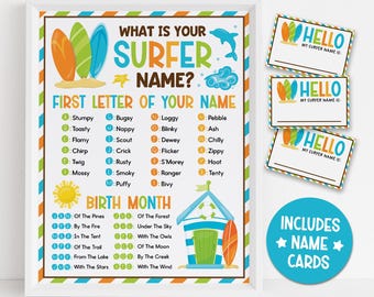 Surfer Name Game Printable, Beach Birthday Party Activity for Kids, Summer Classroom Game, Ocean Theme Name Tags, Instant Download