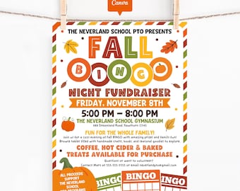 Fall Bingo Night Fundraiser Flyer Template: School PTO Event Poster, Editable Canva Design