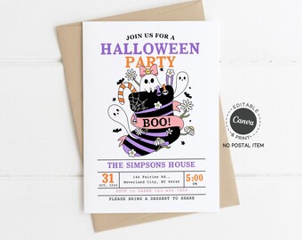 Spooky Ghost Cat Halloween Party Invitation: Editable Canva Template (5x7" Printable Digital Download)