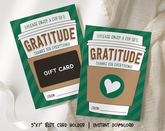 Coffee Gift Card Holder Printable, Cup of Gratitude Thank You Card, Teacher Appreciation Gift, Instant Download Gift Card Tag