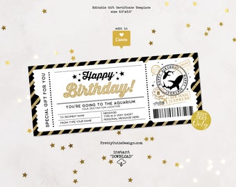 Aquarium Ticket Gift Certificate Birthday, Printable Surprise Ticket, Aquarium Trip Ticket Template, Editable Birthday Coupon Template